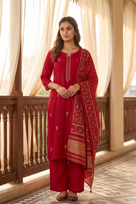 Rani Cotton Readymade Sharara Set With Cotton Dupatta