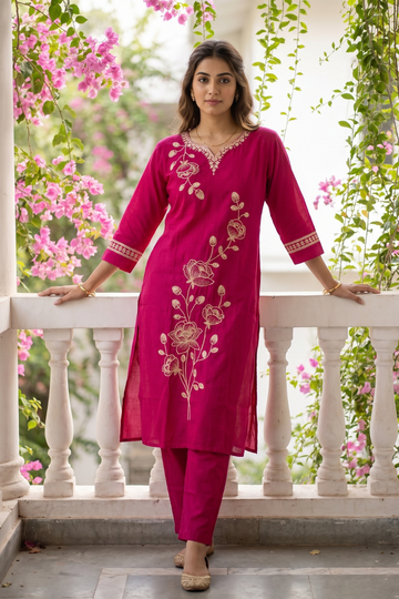Maroon Cotton Readymade Suit Set With Cotton Dupatta