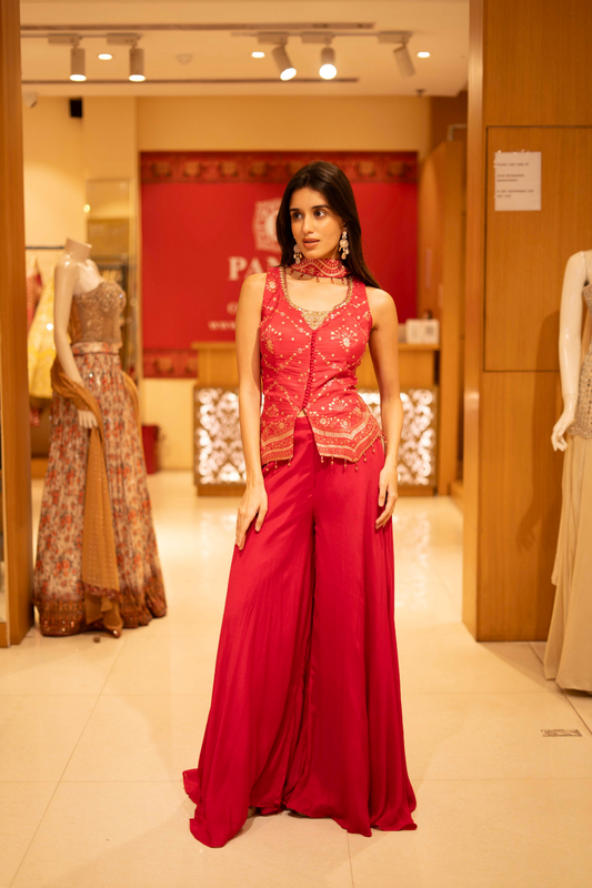 Red Dola Readymade Sharara Set With Dupatta
