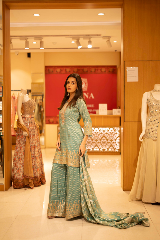 Tea-Green Tissue Readymade Sharara Set With Organza Dupatta