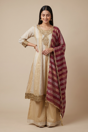 Timely Beauty Tussar Organza Readymade Sharara Set With Organza Dupatta
