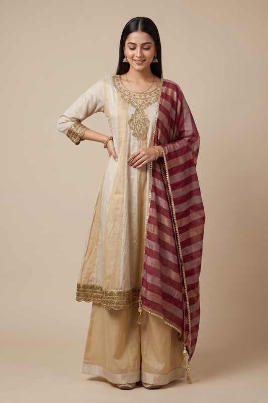 Timely Beauty Tussar Organza Readymade Sharara Set With Organza Dupatta