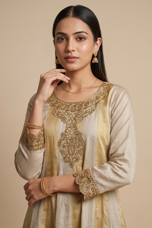 Timely Beauty Tussar Organza Readymade Sharara Set With Organza Dupatta