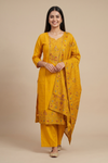 Mustard Crush Tissue Readymade Suit Set With Banarasi Silk Dupatta