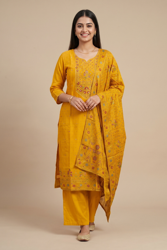 Mustard Crush Tissue Readymade Suit Set With Banarasi Silk Dupatta