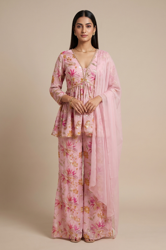 Eternal Bloom Pink Georgette Readymade Sharara Set With Net Dupatta