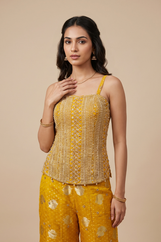 Mustard Raw Elegance Shimmer Readymade Sharara Set With Net Dupatta