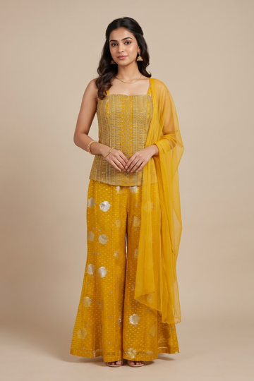 Mustard Raw Elegance Shimmer Readymade Sharara Set With Net Dupatta