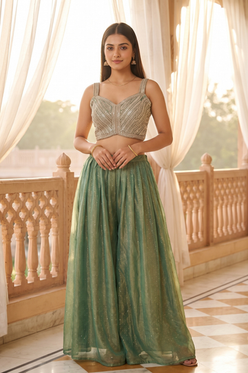 Timelessly Yours Mint Green Organza Readymade Sharara Set With Net Dupatta