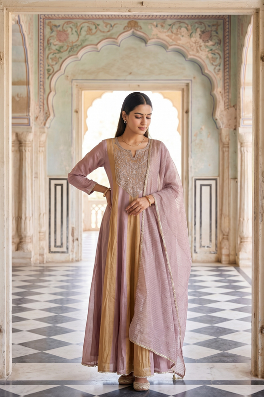 Stunningly Unique Onion Georgette Readymade Suit With Dupatta