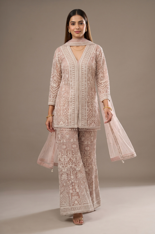 Blush Elegance Peach Net Readymade Sharara Set With Net Dupatta