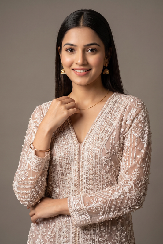 Blush Elegance Peach Net Readymade Sharara Set With Net Dupatta
