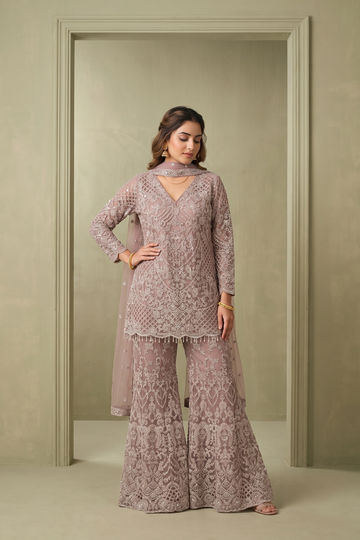 Stunningly Unique Onion Net Readymade Sharara Set With Net Dupatta