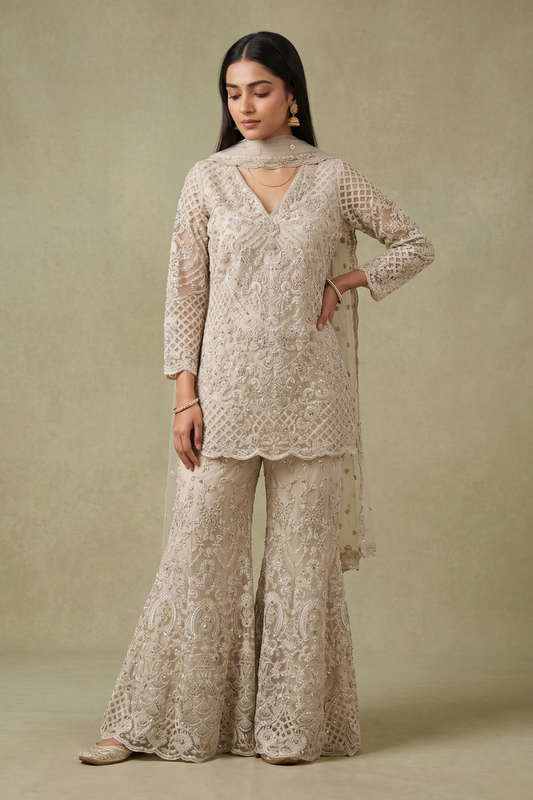 Timely Beauty Tussar Net Readymade Sharara Set With Net Dupatta