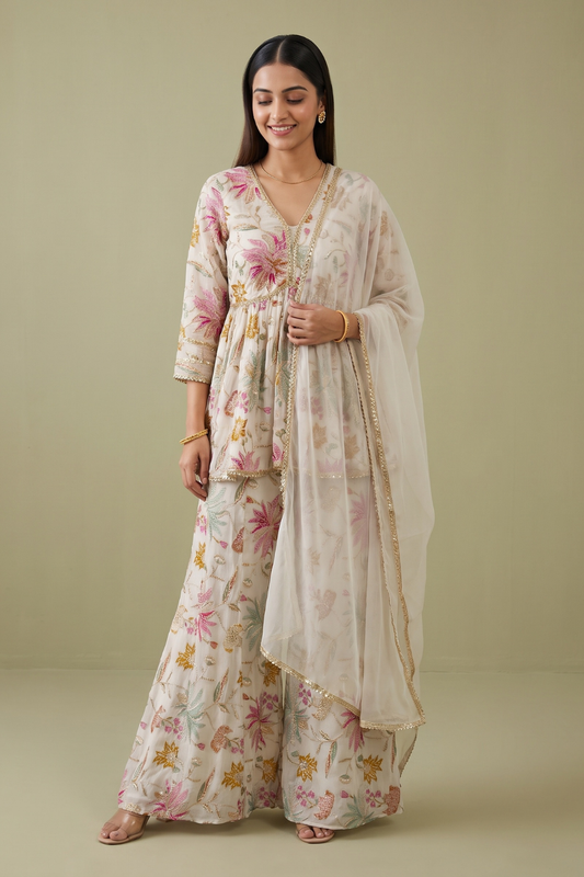Effortlessly Beautiful Off White Georgette Readymade Sharara Set With Net Dupatta