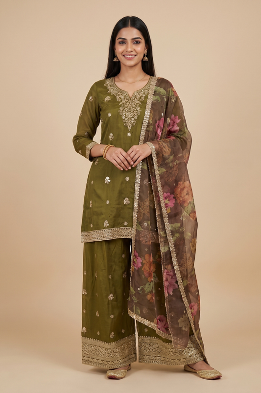 Heritage Charm Mehndi Georgette Readymade Suit Set With Organza Dupatta