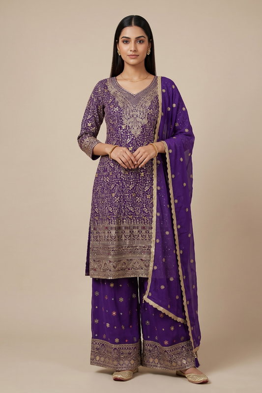Mystic Elegance Purple Georgette Readymade Suit Set With Georgette Dupatta