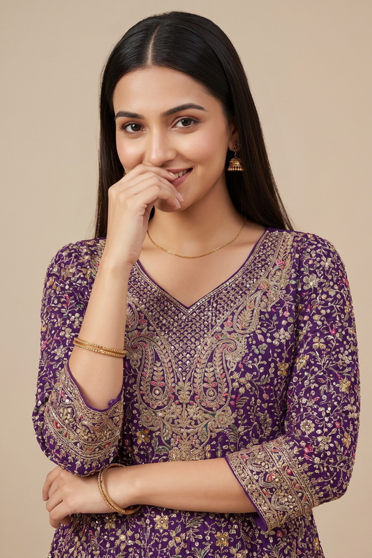 Mystic Elegance Purple Georgette Readymade Suit Set With Georgette Dupatta