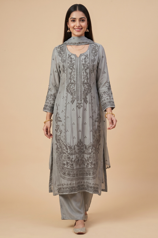 Draped In Elegance Ash Grey Crepe Readymade Sharara Set With Organza Dupatta