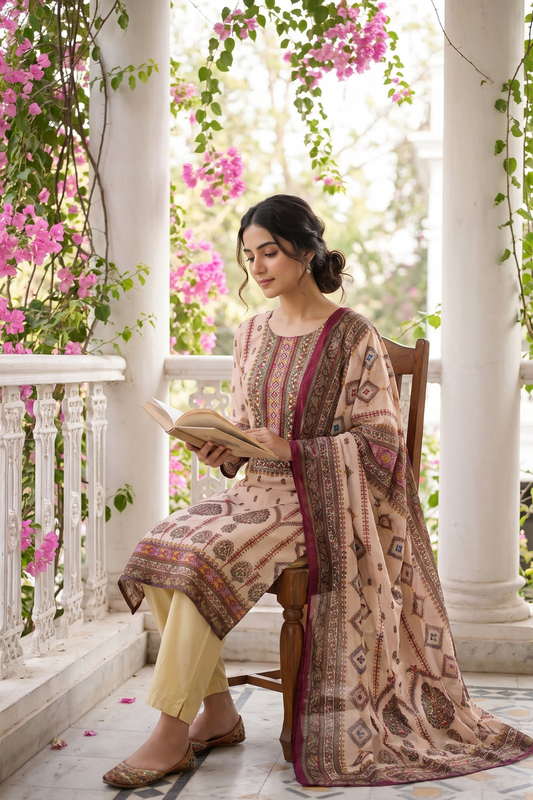 Tussar Rani Chinon Readymade Suit And Chinon with Crepe Dupatta