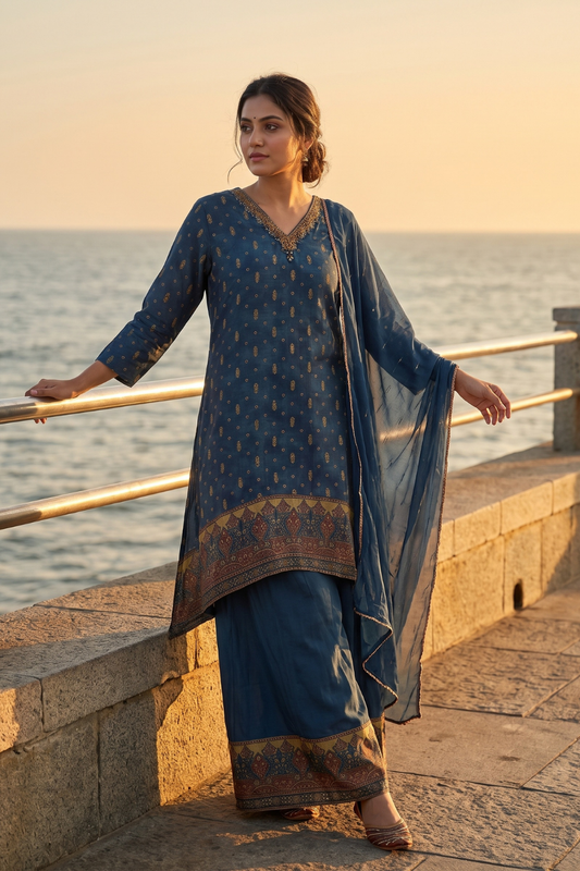 Midnight Blue Dola Readymade Suit And Plazzo with Chiffon Dupatta