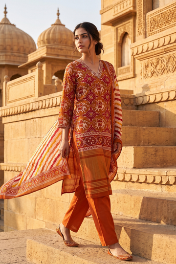 Tussar Rust Cotton Readymade Suit And Plazzo with Cotton Dupatta