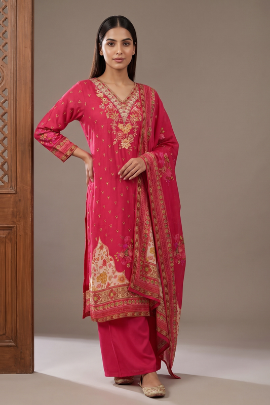 Rani Crepe Readymade Suit And Plazzo with Crepe Dupatta