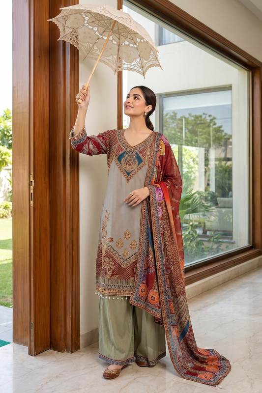 Olive Crepe Readymade Suit And Plazzo with Crepe Dupatta