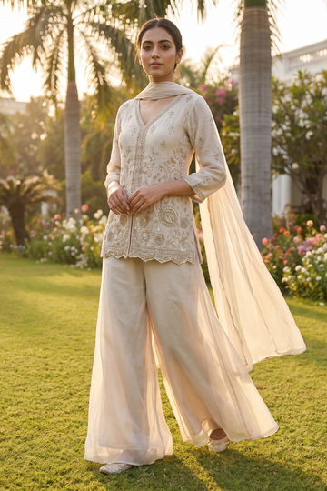 Tussar Shimmer Readymade Suit And Plazzo With Shimmer  Dupatta