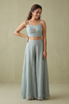 Mint Green Tissue Readymade Suit And Shrug Set