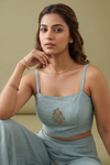 Mint Green Tissue Readymade Suit And Shrug Set