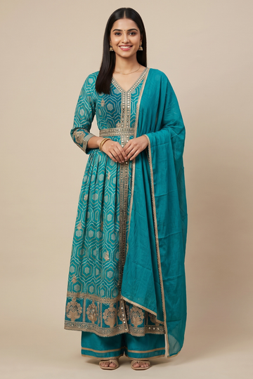Effortless Glamour Rama Chinon Readymade Suit Set With Chinon Dupatta