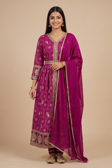 Noble Bloom Magenta Chinon Readymade Suit Set With Chinon Dupatta