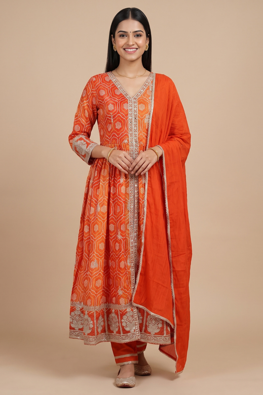 Heritage Glow Rust Chinon Readymade Suit Set With Chinon Dupatta