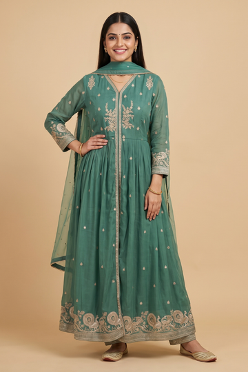 Pastel Majesty Mint Green Shimmer Suit With Net Dupatta