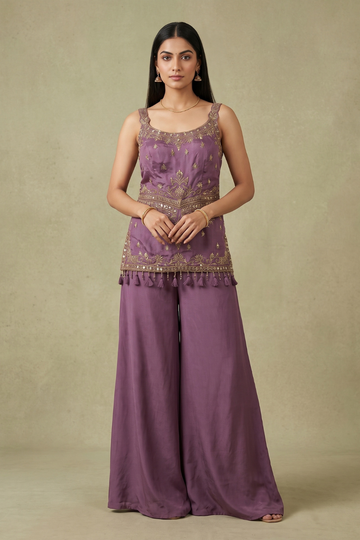 Delicate And Dreamy Mauve Georgette Readymade Suit Set With Satin Dupatta