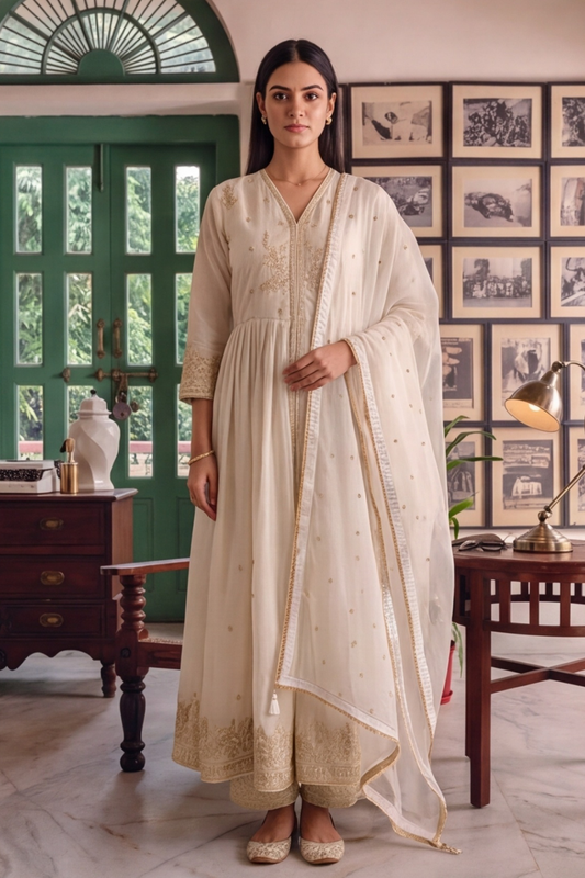 Effortlessly Beautiful Off White Pastel Shimmer Suit With Net Dupatta