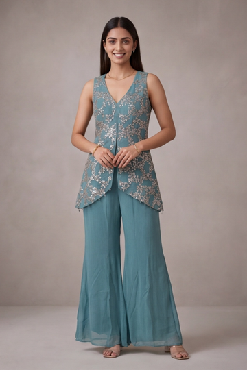 Timelessly Yours Sky Blue Georgette Readymade Suit Set With Georgette Dupatta