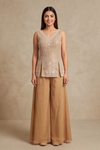 Blush Elegance Peach Shimmer Readymade Sharara Set With Shimmer Dupatta