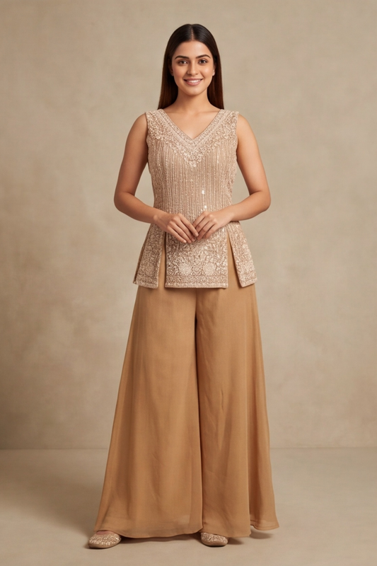 Blush Elegance Peach Shimmer Readymade Sharara Set With Shimmer Dupatta