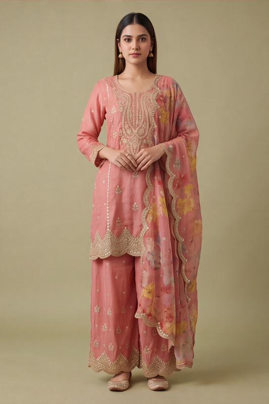 Glow Different Gajari Georgette Readymade Suit Set With Organza Dupatta