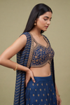Midnight Blue Organza Readymade Suit Set With Shrug