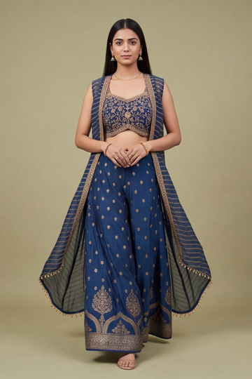 Midnight Blue Organza Readymade Suit Set With Shrug