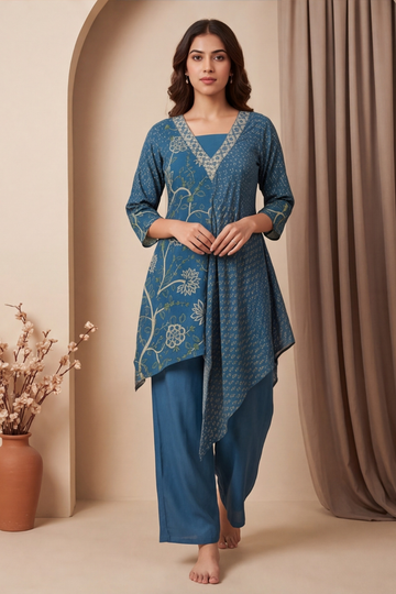 Statement Look Peacock Crepe  Readymade Suit And Plazzo Set