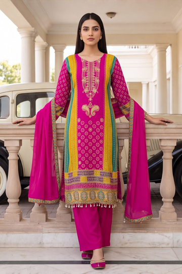 Raw elegance Mustard Rani Crepe Readymade Suit And Plazzo with Cotton Dupatta