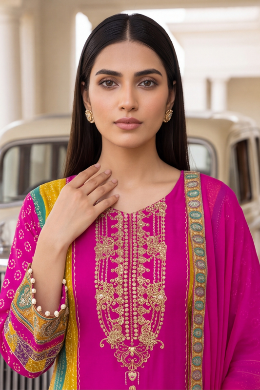 Raw elegance Mustard Rani Crepe Readymade Suit And Plazzo with Cotton Dupatta
