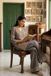 Draped In Elegance Grey Shimmer Readymade Suit With Organza Dupatta