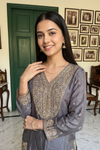 Draped In Elegance Grey Shimmer Readymade Suit With Organza Dupatta