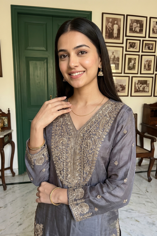 Draped In Elegance Grey Shimmer Readymade Suit With Organza Dupatta