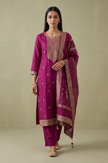 Magenta Banarasi Silk Readymade Suit With Silk Dupatta